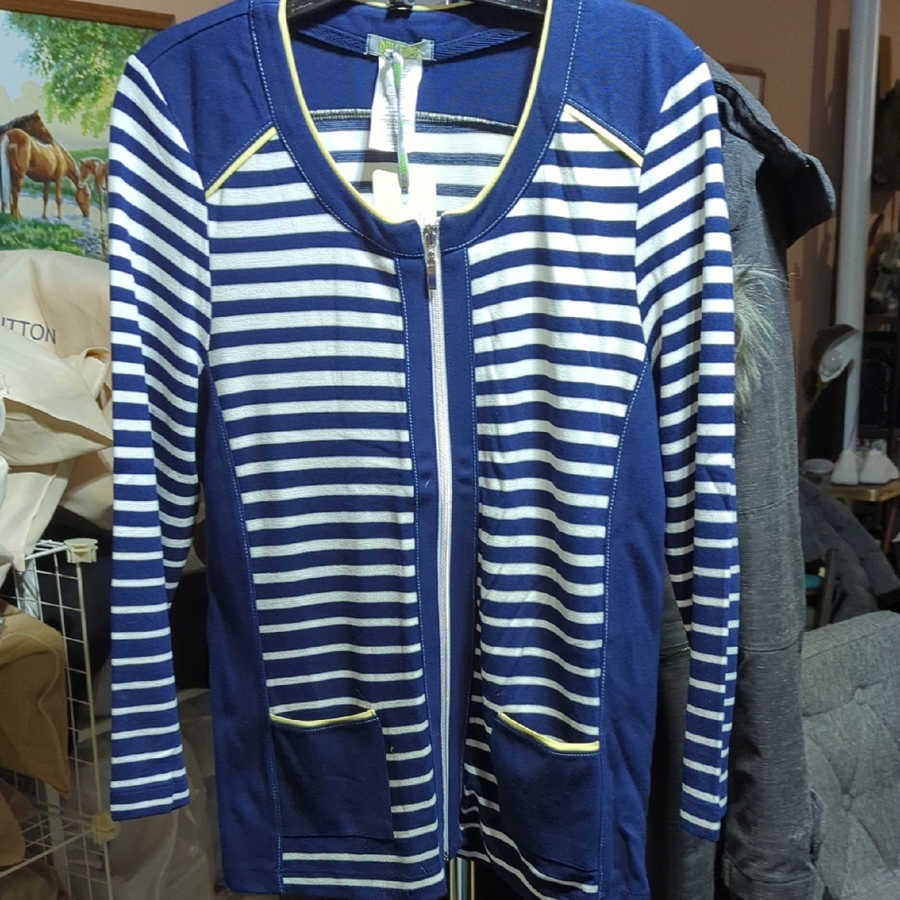Blue and White Striped Zip-Up Cardigan